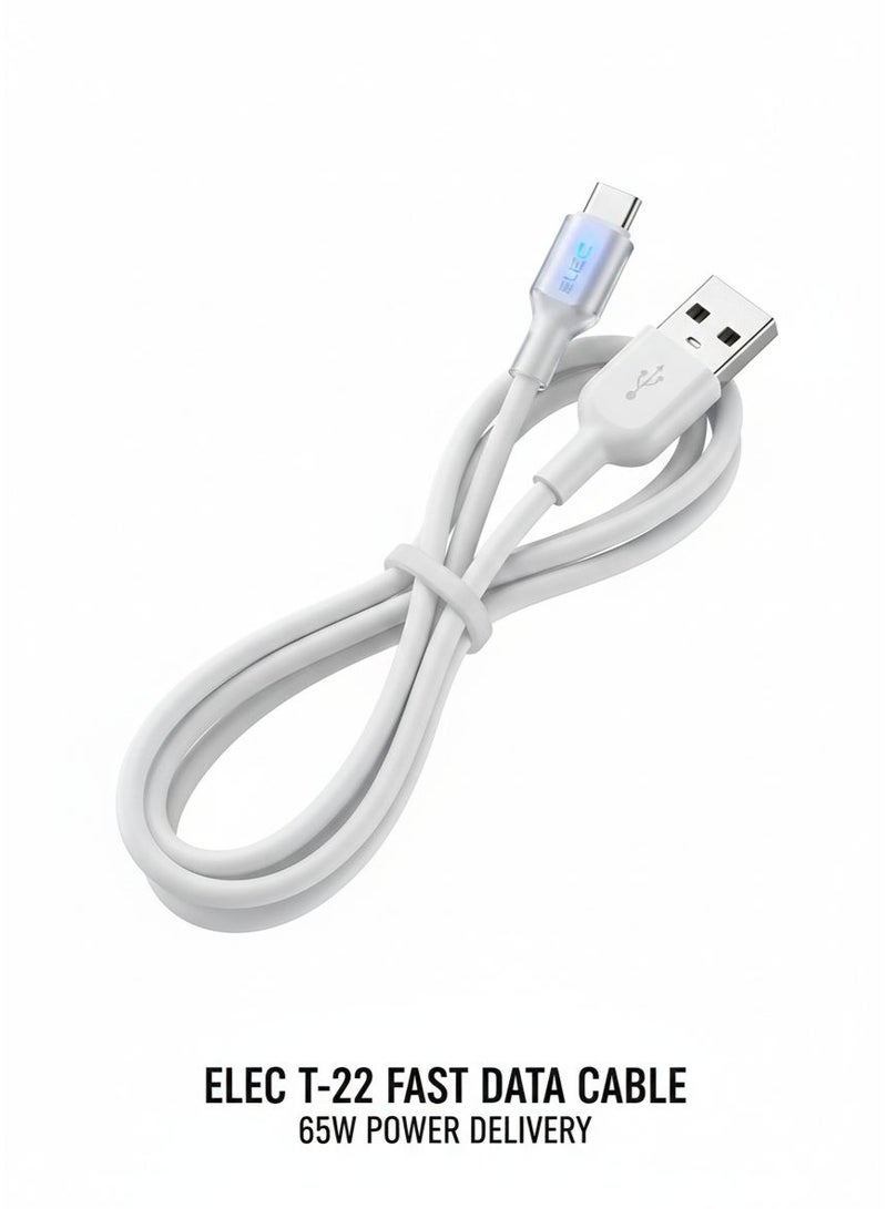 كابل شحن ونقل بيانات سريع ELEC T-22 بقدرة 65 واط - USB إلى Type-C مع مؤشر إضاءة LED ذكي - طول 1 متر - أبيض - Image 2